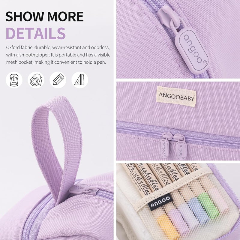 ANGOOBABY Big Capacity Large Pencil Case Canvas Pen Pouch Bag with 2 Compartments for Girls Boys Teen School Students Adults - Purple - Image 2